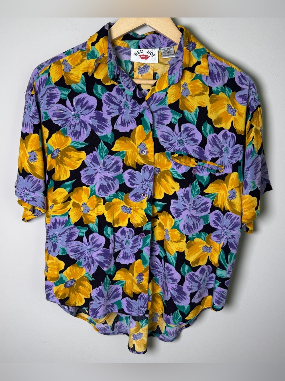 VTG 90s Red Hot Rayon Floral Button Down Shirt Black Purple Yellow Size S Retro
